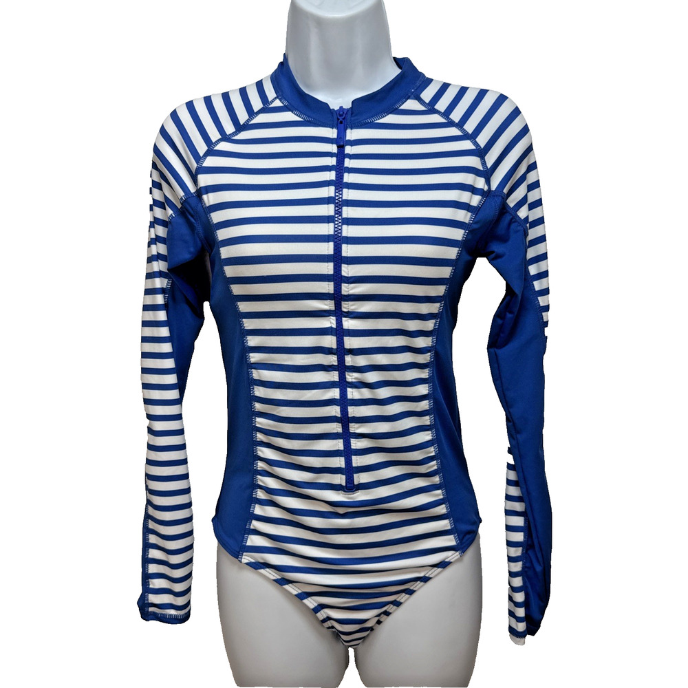 Cabana Life Womens One Piece Long Sleeve Zip Swimsuit Rash Guard Size S Blue